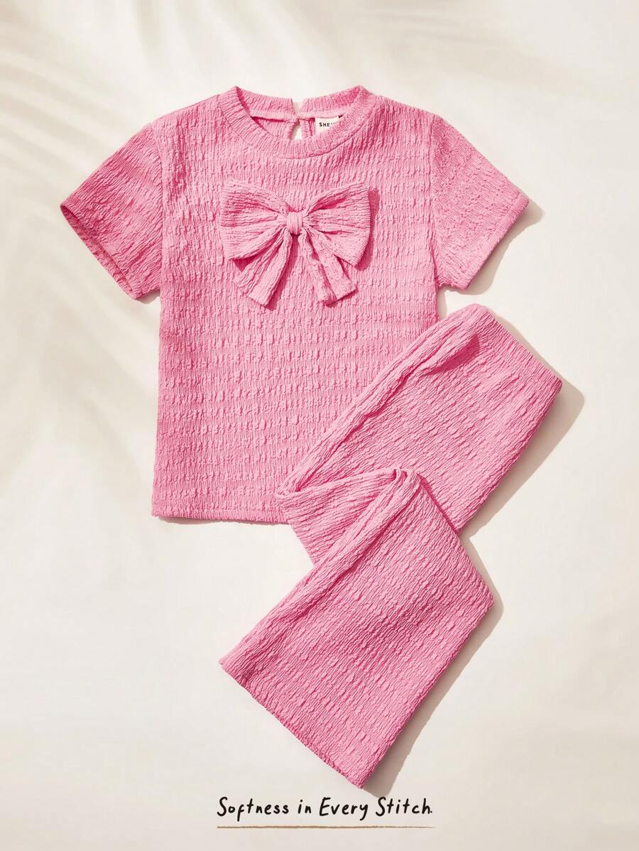 Cozy Pixies 2 pezzi Set top girocollo a maniche corte con motivo jacquard lavorato a maglia e pantaloni con vita elastica e gamba a zampa per ragazze giovani