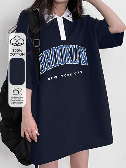 DAZY Women's Summer Casual Loose Fit Color Block Collared T-Shirt With Letter Print And Patchwork