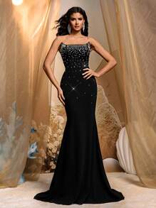 Glamrae Elegant Black Satin Bustier High Waist Fishtail Trailing Evening Gown, Formal, Party Dress, For Wedding Guest - Black - View 6