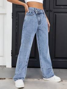EMERY ROSE Quần Jeans Denim Dáng Rộng Túi Lưng Bất Đối Xứng Cho Nữ - Rửa nhẹ - Xem 3