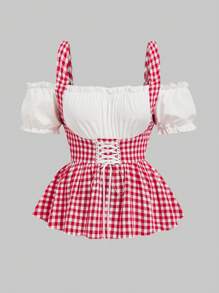 Sunnyshic Blusa a contrasto di taglia curvy per donna, abbinata in vita, adatta per campus, stile campagnolo, estate