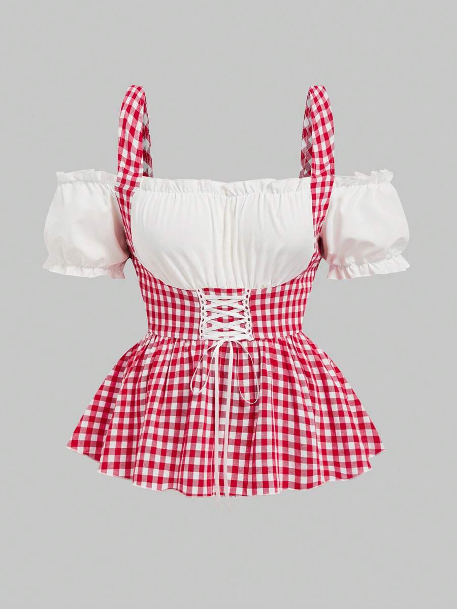 Sunnyshic Blusa a contrasto di taglia curvy per donna, abbinata in vita, adatta per campus, stile campagnolo, estate