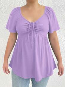 SHEIN Clasi Camiseta de manga corta de talla grande, de unicolor, con cintura ajustada, para el verano - Púrpura malva - Ver 4