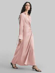 Ontre 2025 新款女装秋季 V 领长袖收腰中长连衣裙，休闲通勤商务连衣裙，海滩度假毕业办公室休闲连衣裙 - 粉色 - 查看 5