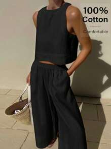 Siren Gaze 女士度假休闲纯色亚麻套装，圆领上衣和裤子2件套休闲套装，两件套女士，夏季服装女士，商务休闲女士 - 黑色 - 查看 6