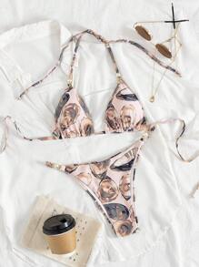 SHEIN Swim 2 Pieces Beaded Strap Ocean Life Print Fashionable Sexy Women's Bikini Swimsuit, Suitable For Beach For Summer Beach Vacation - Multicolor - View 1