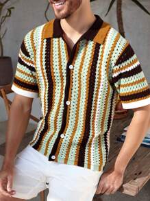 Manfinity CityGents Camisa de punto de manga corta con botones frontales y calado para hombre, ideal para el verano