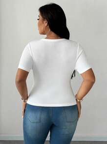 SHEIN Unity Plus Size Solid Color Button Front Crew Neck Casual Short Sleeve T-Shirt - White - View 5