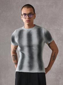 SUMWON Ribbed Fitted Short Sleeve Knit Top Premium Structured Crewneck T-Shirt Modern Minimalist Athletic Style Contemporary Urban Essential Streetwear - Light Grey - View 1