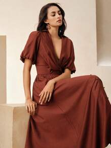 Anewsta Elegant Design Waist Twist V-Neck Short Sleeve Long Dress For Women, Spring Summer Outfits, Classy, Elegant, Beach, Festival, Holiday, Vacation - Burgundy - View 3