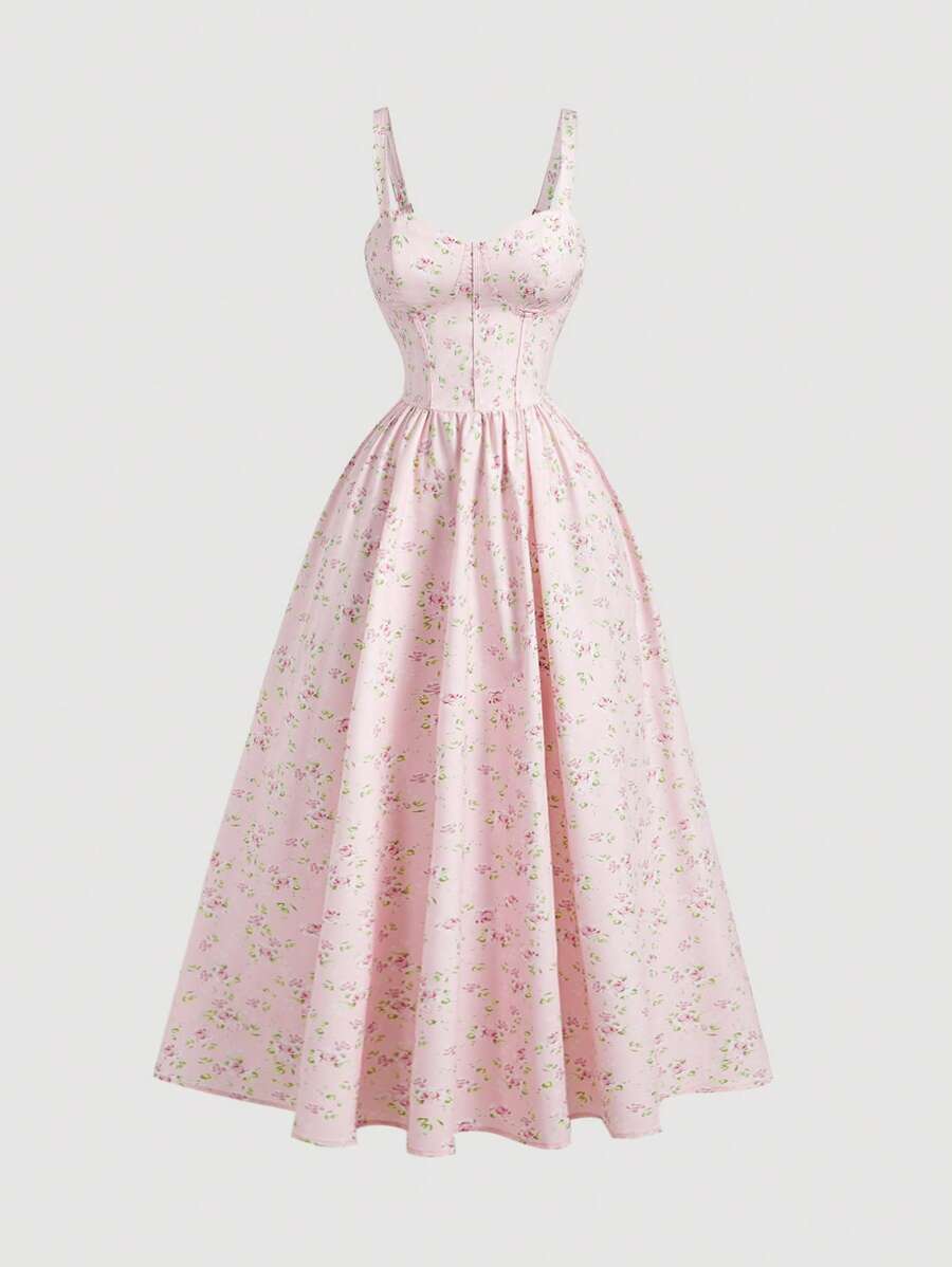 SHEIN MOD Váy chữ A buộc dây sau lưng họa tiết hoa nhỏ màu hồng nhạt - Hồng - Xem 1