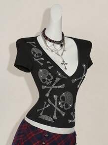 SHEIN ICON Fashionable Rhinestone Skull Deep V-Neck Short Sleeve T-Shirt For Summer - Black - View 3