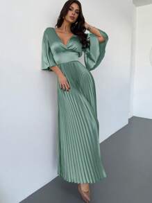 Firerie Vestido largo elegante y romántico de cuello en V con mangas con volantes, cintura alta y plisado dorado