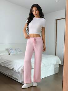 SHEIN PETITE Quần dài mặc nhà thoải mái lót nhiệt cho nữ, màu hồng, thích hợp cho mùa thu/đông - Hồng - Xem 8