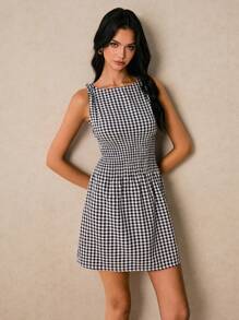 Poéselle Vestido mini de mujer con cuello redondo, sin mangas y cintura ajustada a cuadros