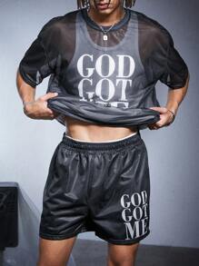 PAVTROS Manfinity Streetrush Men's Mesh Fabric "GOD GOT ME" T-Shirt Set , Men Clothes Men T Shirt Co Ords - Black - View 6