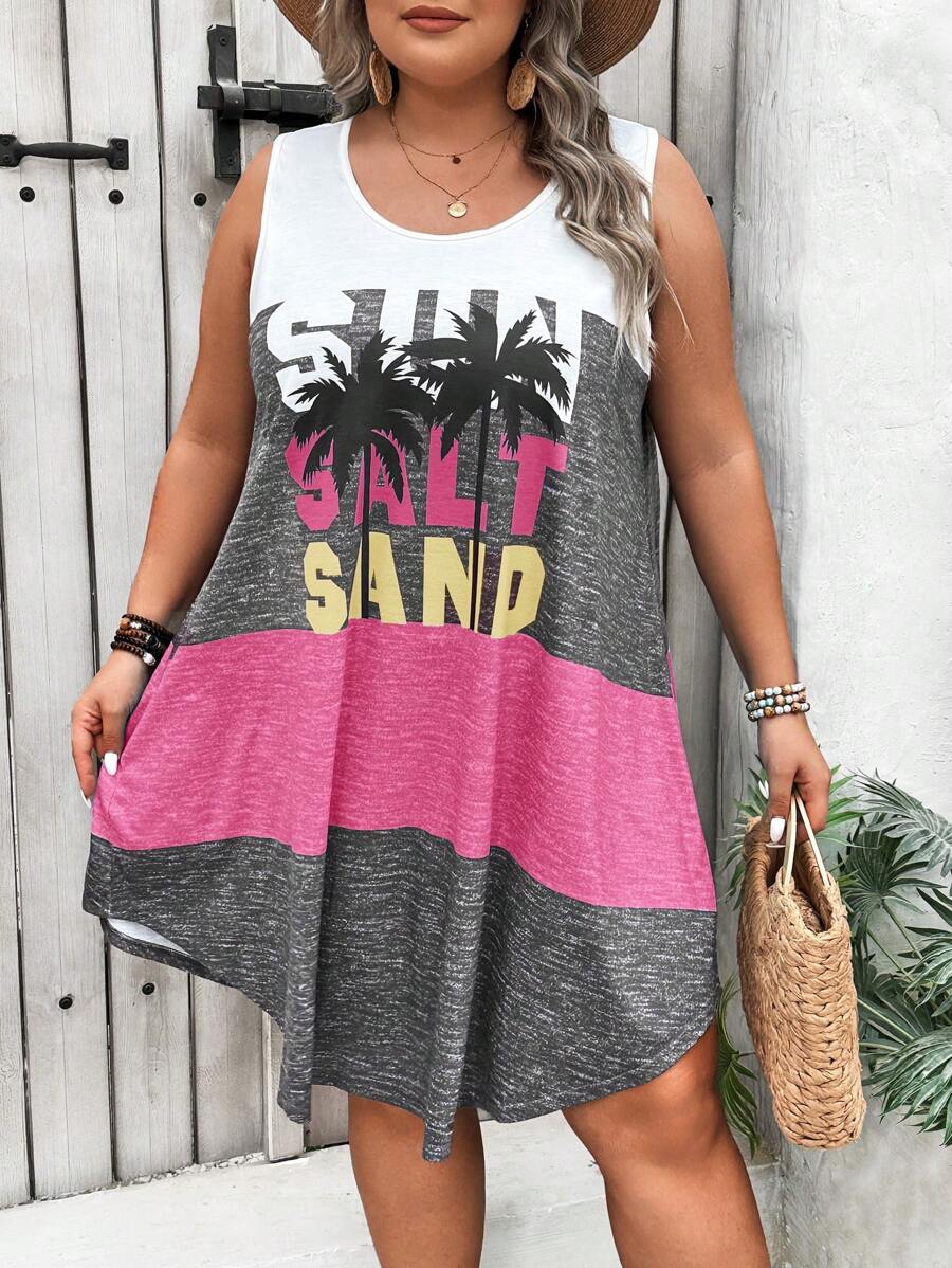 SHEIN CURVE+ Plus Size Blue Gray Patterned Sleeveless Music Festival Dress For Summer - Hot Pink - View 1