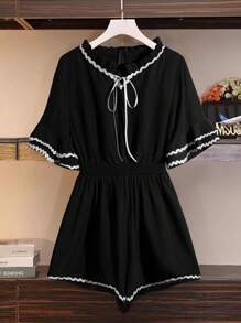 Breezaya 春夏时尚休闲荷叶边双层袖女式连体裤 - 黑色 - 查看 1