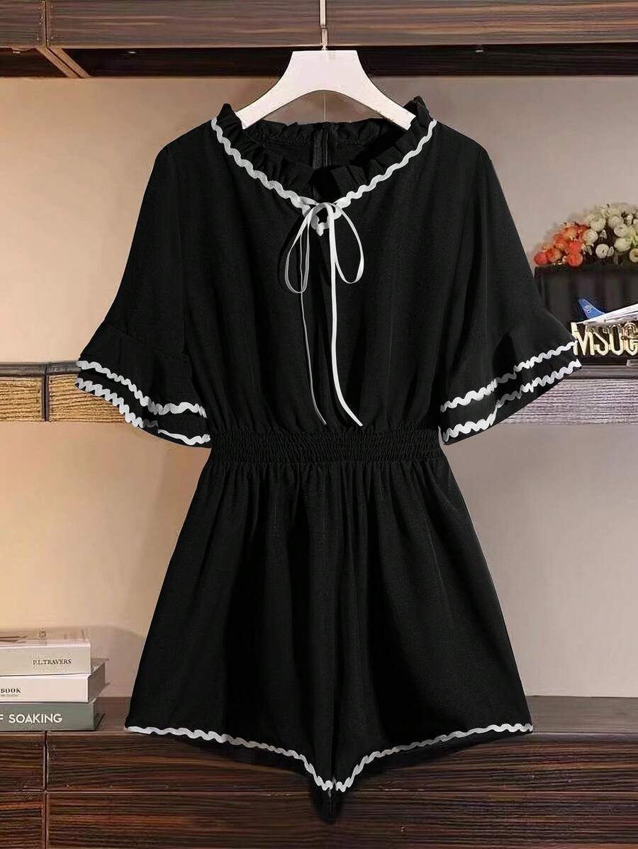 Breezaya 春夏时尚休闲荷叶边双层袖女式连体裤 - 黑色 - 查看 1