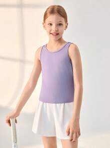 JNSQ Tween Girl Back To School Outdoor Sports Vest Set, Children's Round Neck Patchwork Ribbon Contrast Color 3D Embroidery Outdoor Sports Vest Set Top - Mauve Purple - View 3