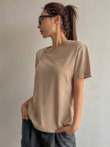 DAZY Letter Printed Short Sleeve T-Shirt - Khaki - View 4