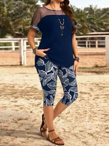 EMERY ROSE 大码女装两件套 - 圆领网纱短袖上衣和七分裤，休闲日常穿着 - 藏蓝色 - 查看 5