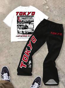 SHEIN TOKYO, Conjunto casual de 2 piezas de camiseta y pantalón campana para niños preadolescentes, apto para el verano