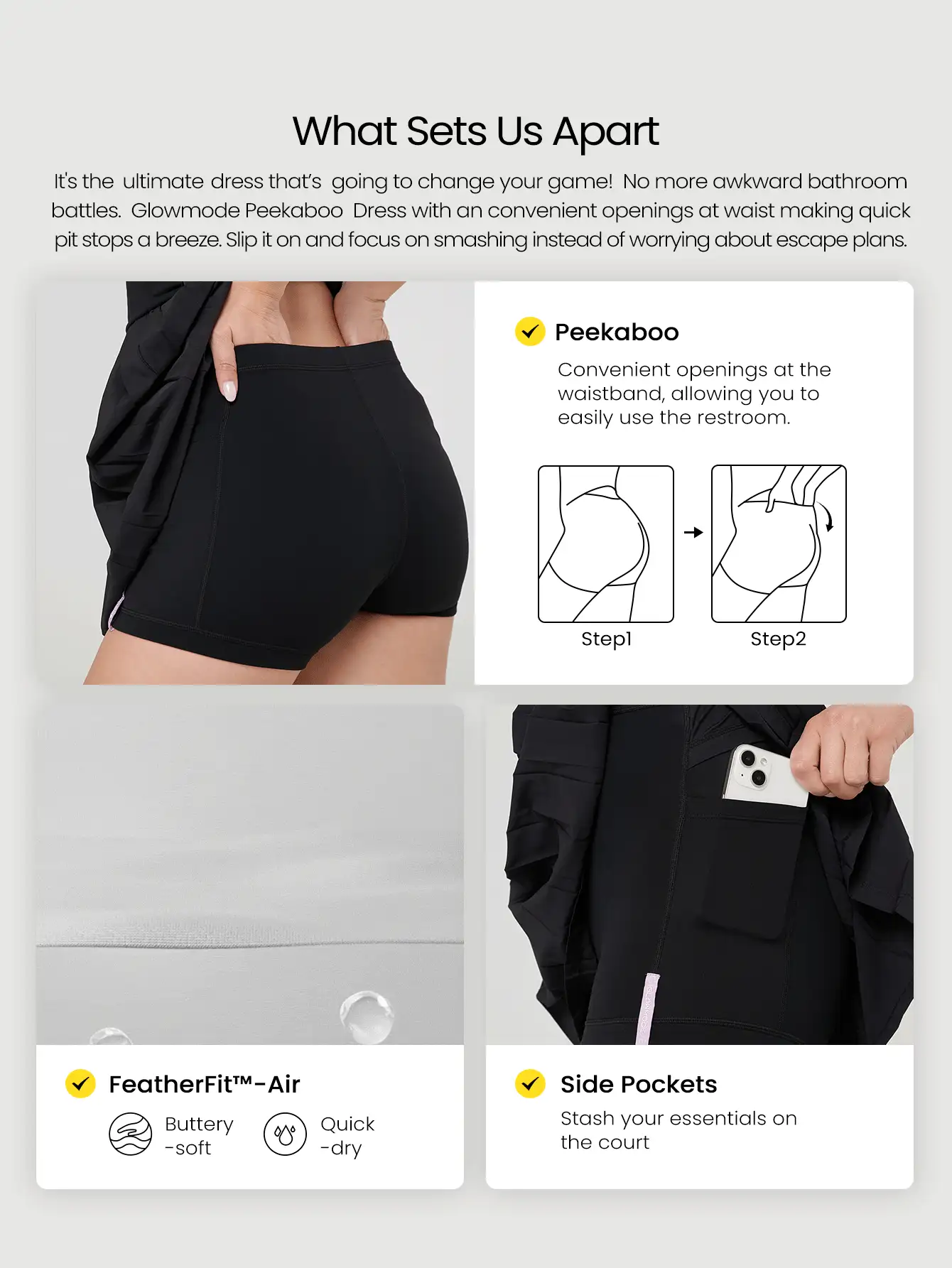 FeatherFit™-Air Easy Breezy Peekaboo Square-Neck Adjustable Racerback Pleated Active Dress With Built-In Shorts Side Pockets Non-Slip Grips Low Impact Tennis Golf Pickleball Daily Wear Removable Cups