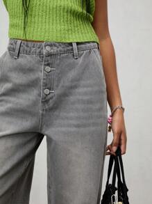 COUREZ 高腰宽松牛仔裤/女士夏季穿搭/Y2K/休闲/纯棉高街复古 - 灰色 - 查看 3