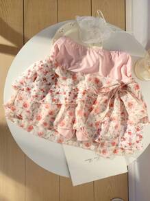 SHEIN EZwear 女装夏季休闲甜美度假拼接撞色碎花多层不对称蛋糕裙系带蝴蝶结A字迷你裙 - 粉色 - 查看 3