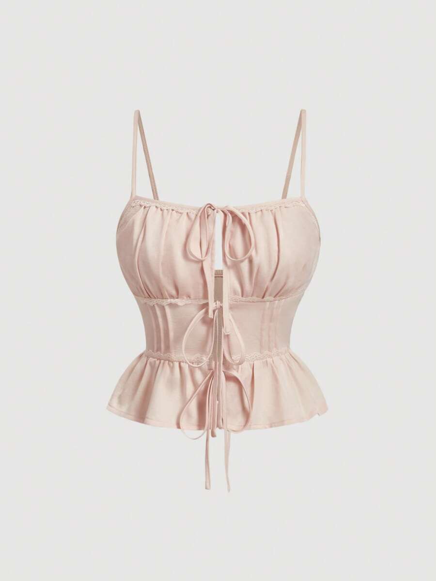 SHEIN MOD Débardeur plissé à bretelles en nœud papillon pour femmes, hauts d'été mignons, vêtements occidentaux pour femmes, hauts de sortie, anniversaire pour femmes, hauts Y2K, Top rose, fête, brunch pour femmes, Fairycore - Rose pâle - Voir 1