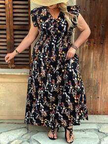 SHEIN VCAY 大码女式波西米亚长裙：黑色碎花图案，V 领，短袖，层叠下摆，打造飘逸廓形