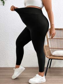SHEIN Plus Size Women's Solid Color Adjustable Waist Maternity Leggings - Black - View 3