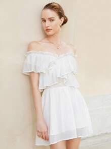 Aveloria New Elegant French Style V-Neck Ruffled Hem Cross-Front Convertible Shoulder Short Dress For Women, Chic And Age-Reducing   Old Money Style For Summer Spring Fall Autumn - White - View 2