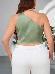 Firerie Plus Size Women Elegant Green Satin One Shoulder Asymmetric Hem Top With Tie Front, Suitable For Business Events, Fashion Commute, Heritage Style, Country Music Festival, Office Attire - Green - View 6