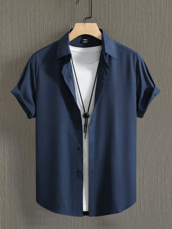 Manfinity Homme Men's Casual Simple Solid Color Front Button Short Sleeve Shirt, Summer