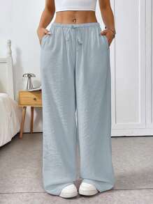 SHEIN EZwear Women's Casual Solid Color Drawstring Waist Loose Long Pants