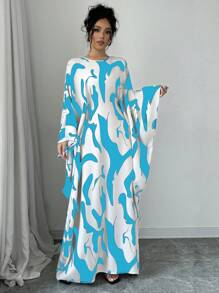Rafferiza 女式宽松大袖系腰抽象印花优雅长裙超长女装 - 薄荷藍 - 查看 6