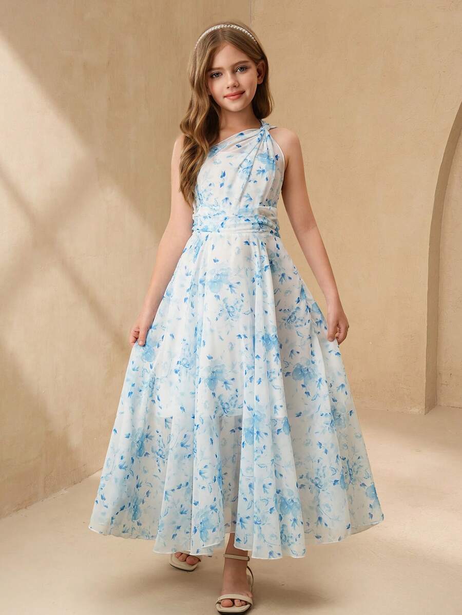SHEIN Tween Girl Rochie elegantă fără mâneci cu talie înaltă, țesătură din șifon cu imprimeu trandafir albastru, potrivită pentru fetița de nuntă, vară