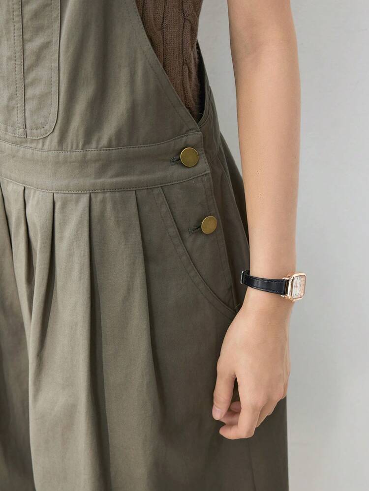 Utility Style Women's Midi Dress With Large Pockets And Suspenders Old Money Style,Casual Women Dresses