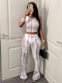 BamGleam 2 件套女士扎染印花短款吊带背心和喇叭裤时尚套装 - 彩色 - 查看 5