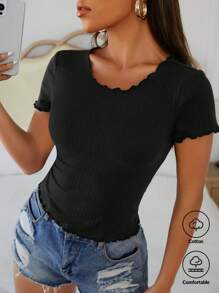 SHEIN PETITE Áo thun dệt kim viền rau diếp - màu đen - Xem 1