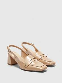 CUCCOO BIZCHIC Women's Square Toe Block Heel Slip-On Bicolor Loafer Pumps, Classic Design - Apricot - View 3