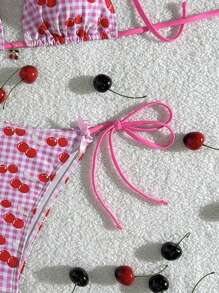 SHEIN Countryside Style Cherry Print Cute Bikini Set, Swimming, Holiday, Beach Party Bikini Set - Pink - View 4