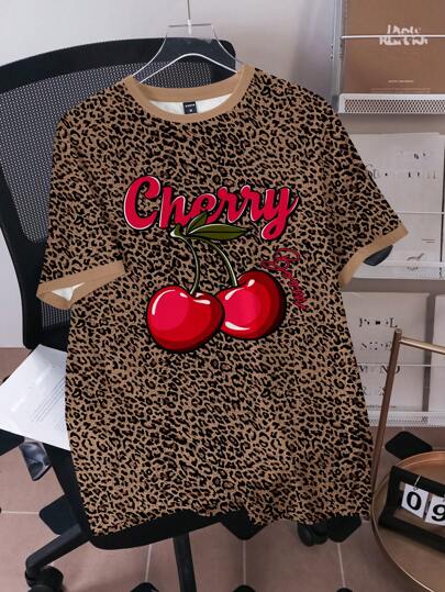 SHEIN EZwear Blusa casual de mujer con estampado de leopardo vintage y gráfico de cerezas, de cuello redondo y corte holgado