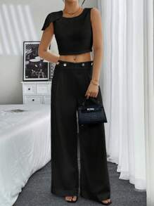 Chiquease 2 件套女士圆领无袖时尚修身上衣和纽扣时尚宽松长裤套装 - 黑色 - 查看 5