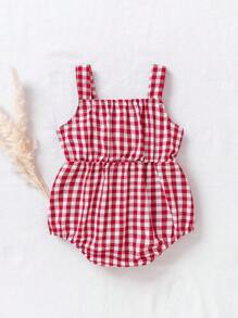 SHEIN Mono Mono para bebé niña con volantes y lazo a cuadros rojos, para verano
