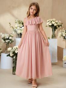 SHEIN 少女纯色荷叶边单肩优雅连衣裙 - 粉色 - 查看 3