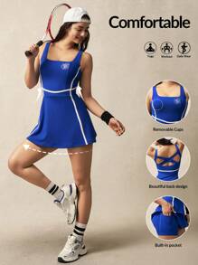 VARSIVA Women's Blue Knitted Tennis Dress With Built-In Shorts And Square Neck - Blue - View 1