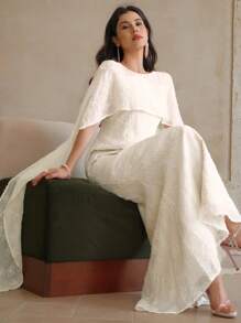 DAZY Vestido largo elegante blanco para mujer con delicado encaje superpuesto y mangas tipo capa fluidas para carnaval - Blanco - Ver 6